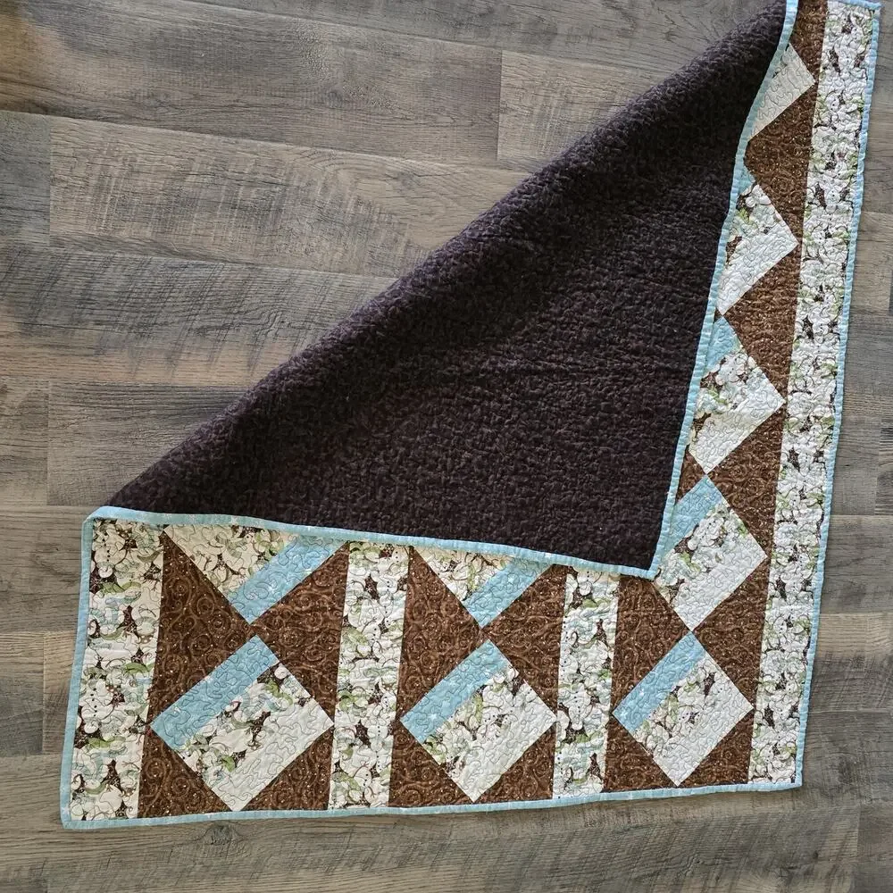 Handmade Snowman Christmas Quilt Throw Blanket Brown Blue 48x42 Lap Quilt Cozy